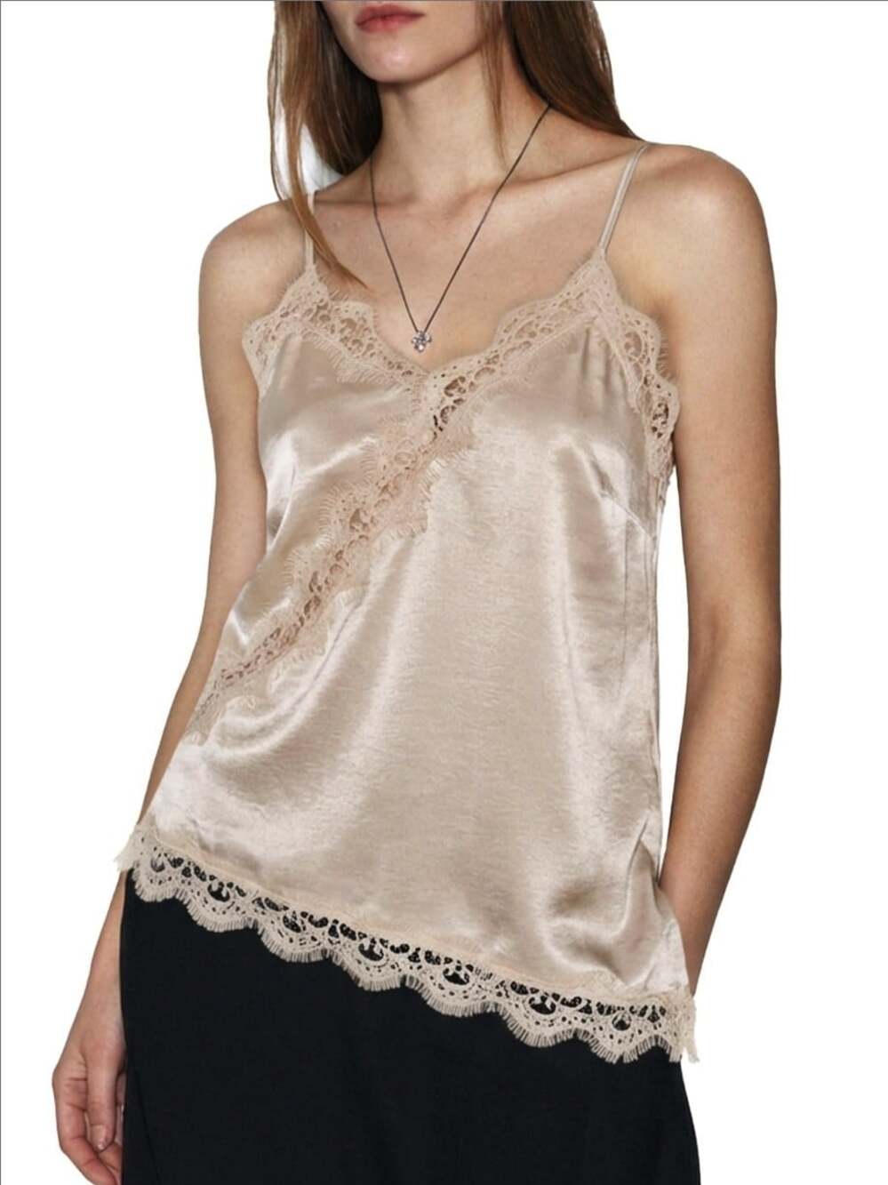 Y2K Lace Trim Edging Asymmetrical Cream Satin Top Camisole Boho Minimalist Vneck
